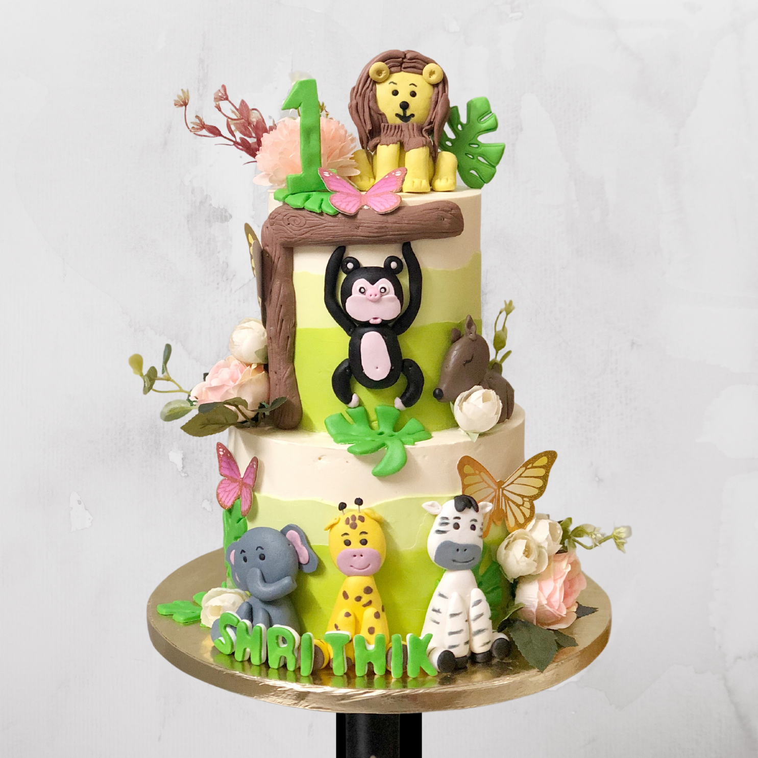 Jungle Animal Theme Cake with Flowers